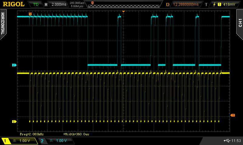 Oscilloscope screen capture of iGaging Absolute protocol